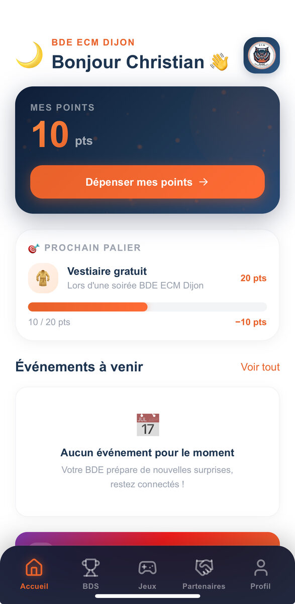 App BDE ECM Dijon - Accueil avec solde de points