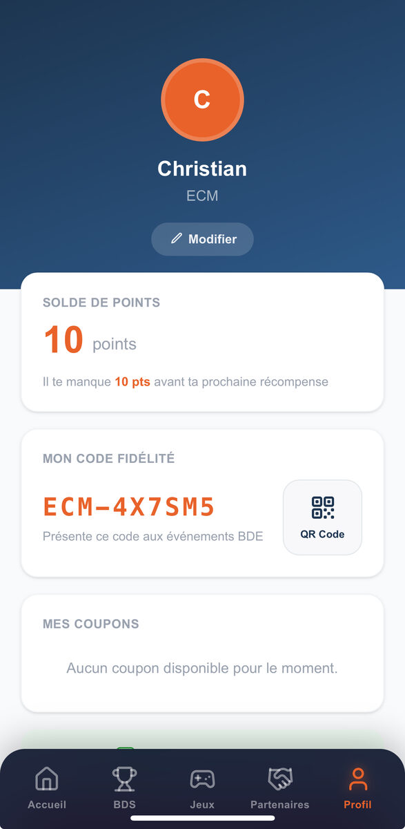 App BDE ECM Dijon - Profil utilisateur QR Code